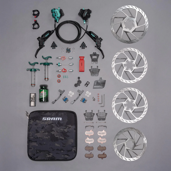 SRAM Maven Ultimate Stealth Expert Disc Brake Kit - Front/Rear Levers, Front/Rear Teal Splatter Calipers, Adapters, Rotors, Bleed Kit, A1