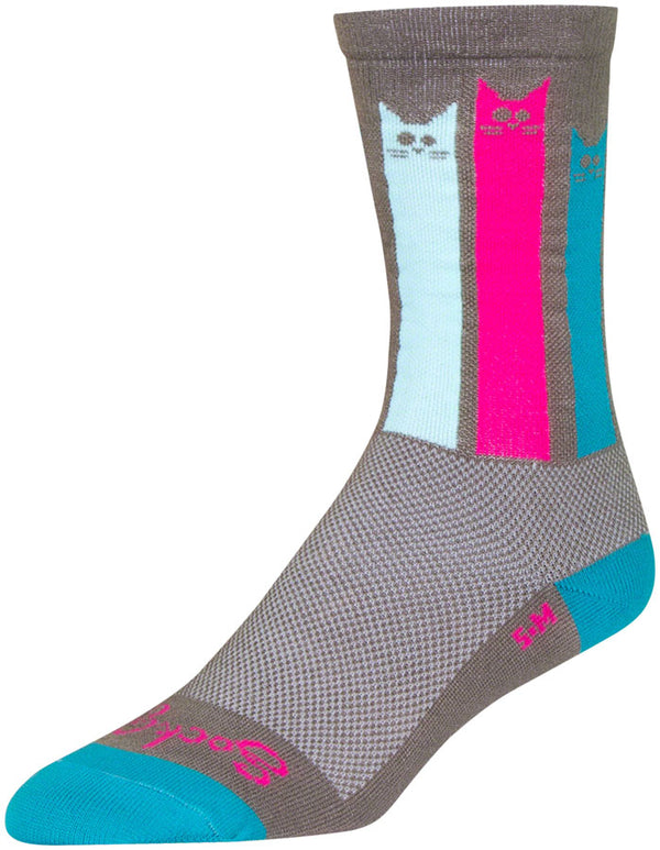 SockGuy Crew Felines Socks - 6" Gray/Pink/Teal Small/Medium